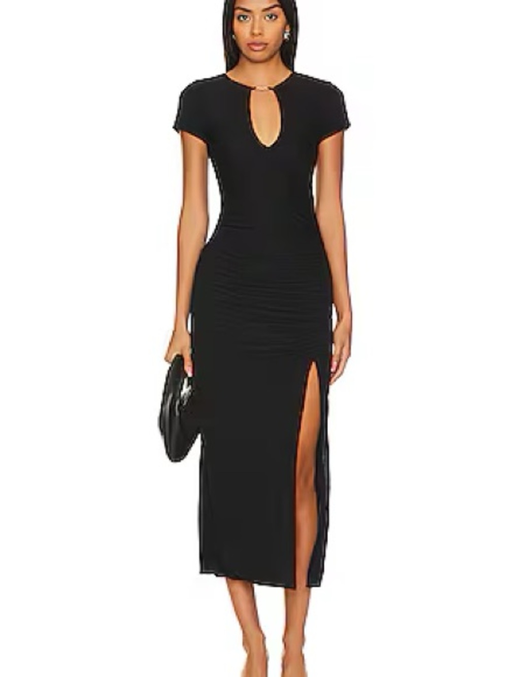 Black Midi Dress with Keyhole Neckline and Front Slit